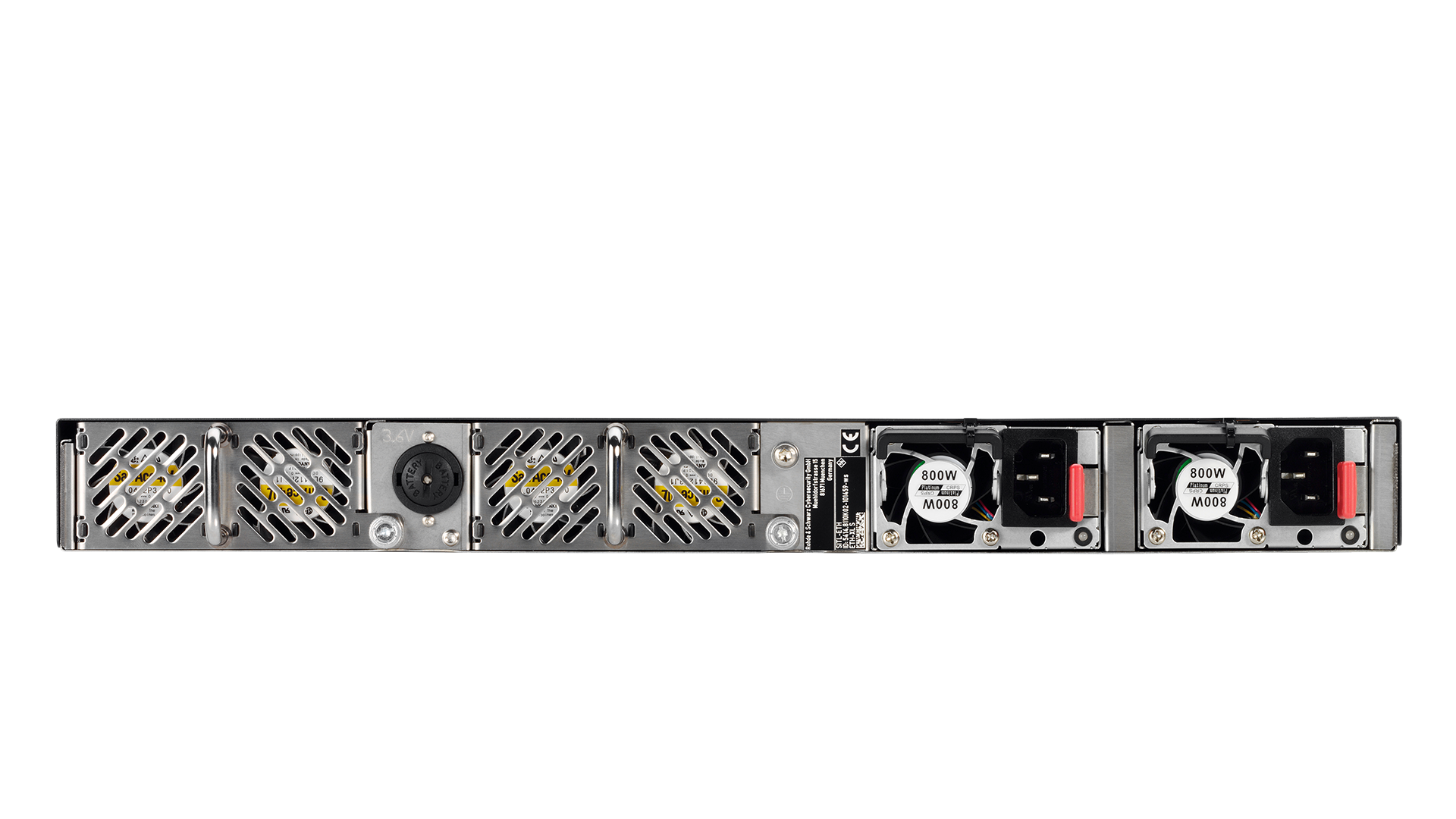 Rear view of the R&S®SITLine ETH-XL network encryptor with fan modules and two redundant, hot-swappable power supplies for high availability.