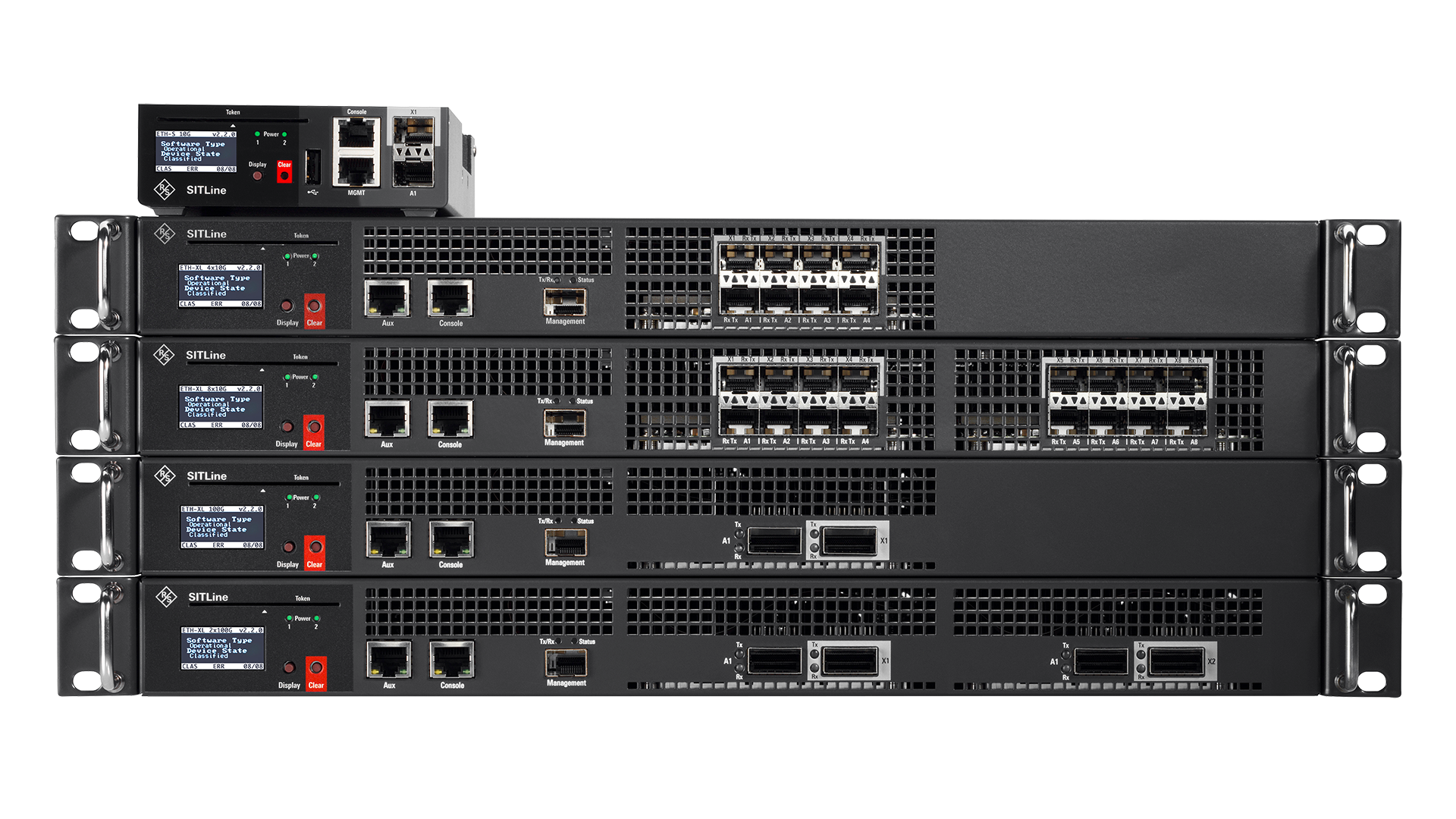 Front view of the R&S®SITLine ETH product family, showing several stacked network encryptors in different hardware variants as well as the compact R&S®SITLine ETH-S. The devices feature different port configurations for Layer 2 network encryption.