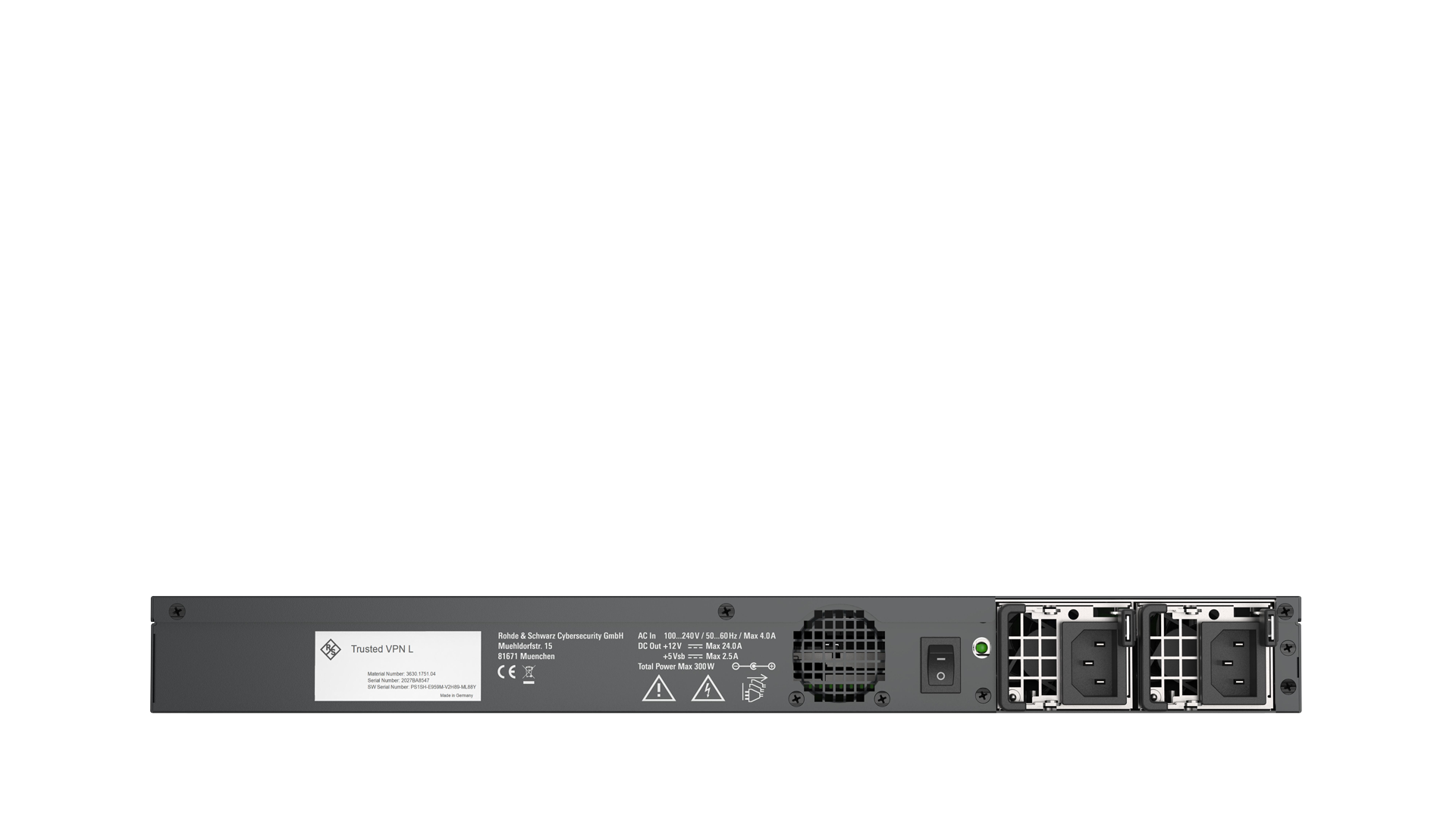 Rückansicht des R&S®Trusted VPN-L mit Lüfter, Netzschalter und zwei Netzteilen für die Stromversorgung.