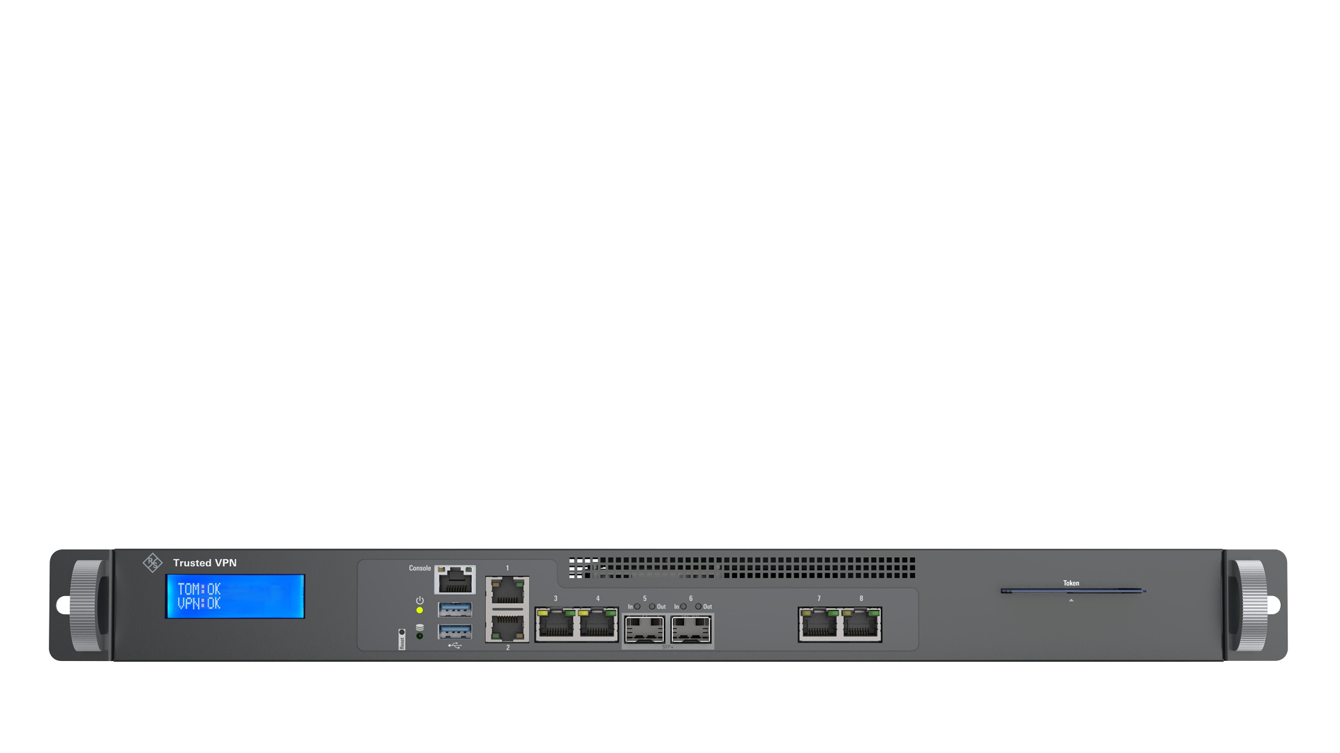 Frontansicht des R&S®Trusted VPN-L mit Statusdisplay, Netzwerk-, SFP+-, USB- und Console-Schnittstellen sowie Token-Steckplatz.