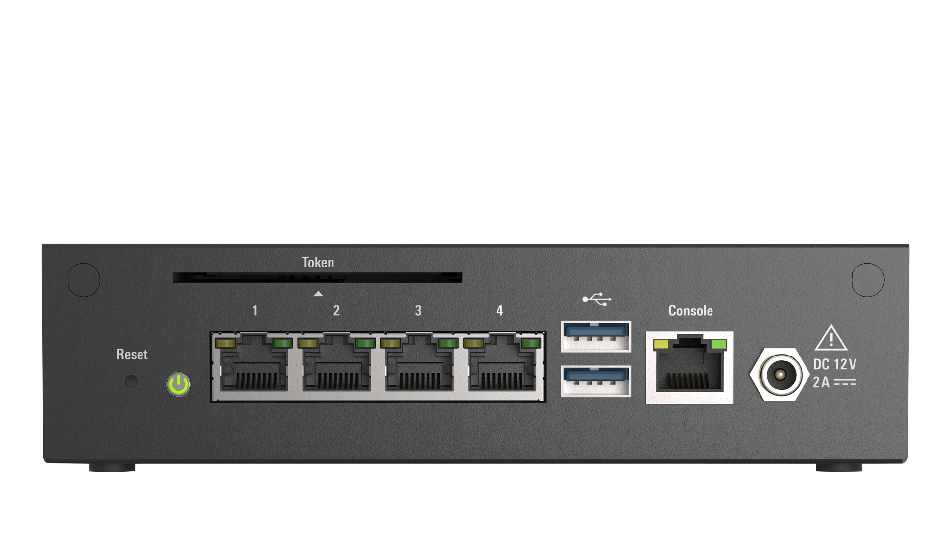 Rückansicht des R&S®Trusted VPN-S mit vier Netzwerkanschlüssen, zwei USB-Schnittstellen, Console-Port, Token-Steckplatz, Reset-Taste und Stromanschluss.