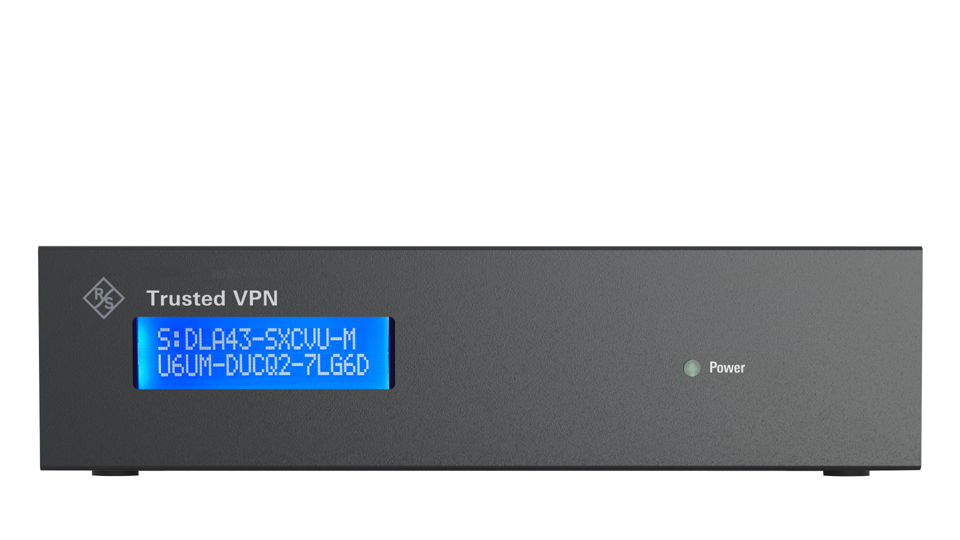 Frontansicht des R&S®Trusted VPN-S mit blau beleuchtetem Statusdisplay und Power-Anzeige.