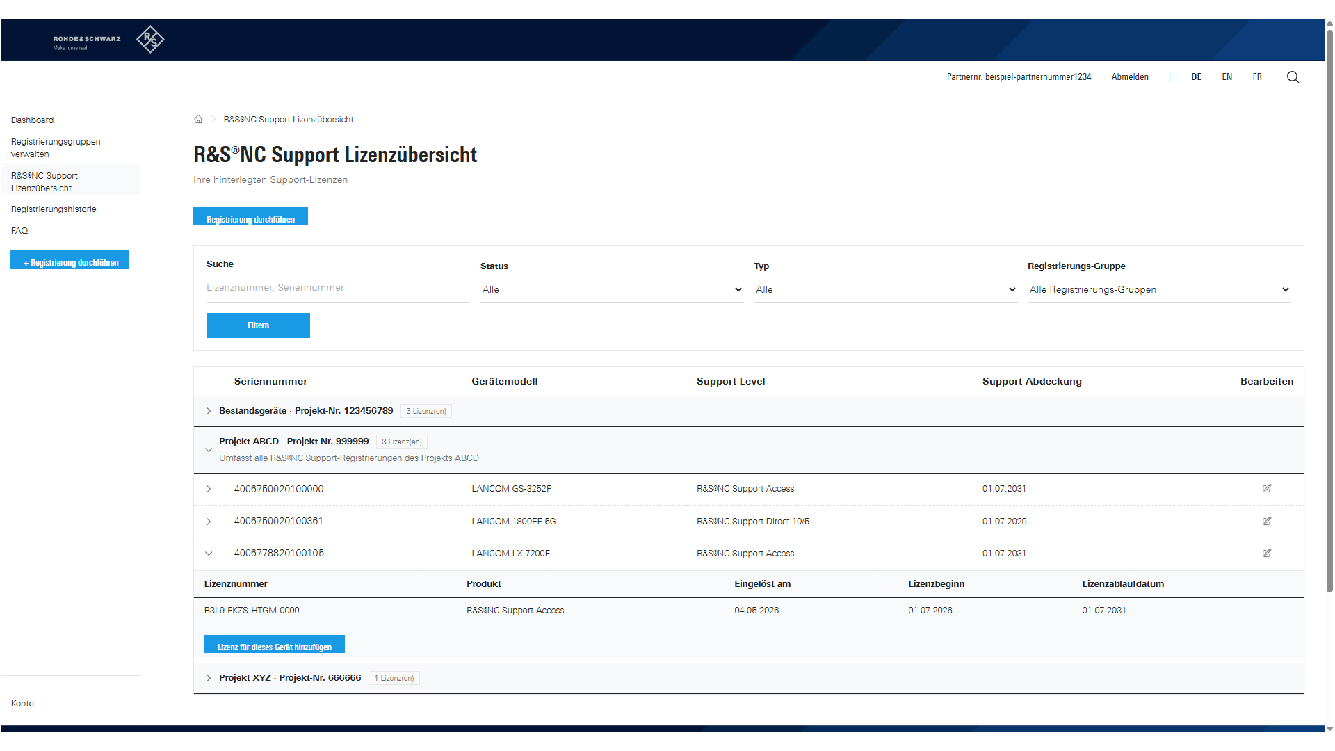 Screenshot der Lizenzübersicht im R&S®NC Support Portal