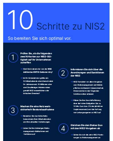Ausschnitt der PDF "R&S Networks and Cybersecurity Leitfaden: In zehn Schritten zur NIS2-Konformität" mit hilfreichen Tipps, wie Unternehmen sich jetzt optimal auf die NIS2-Forderungen vorbereiten können