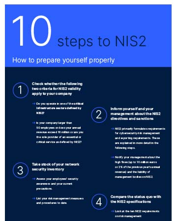 Excerpt from the PDF "R&S Networks and Cybersecurity guide: Ten steps to NIS2 compliance" with helpful tips on how companies can now optimally prepare for the NIS2 requirements